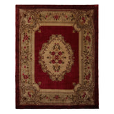 8x10 Crimson, Green, Tan Color Hand Knotted French Aubusson Savonnerie Wool Traditional Oriental Rug